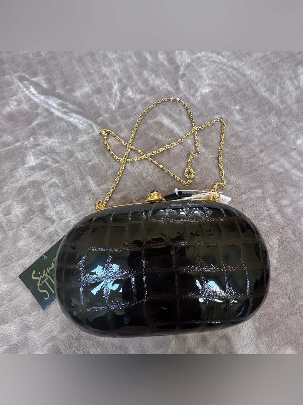 Patent Croc-Embossed Black Evening Clutch with Gold Chain